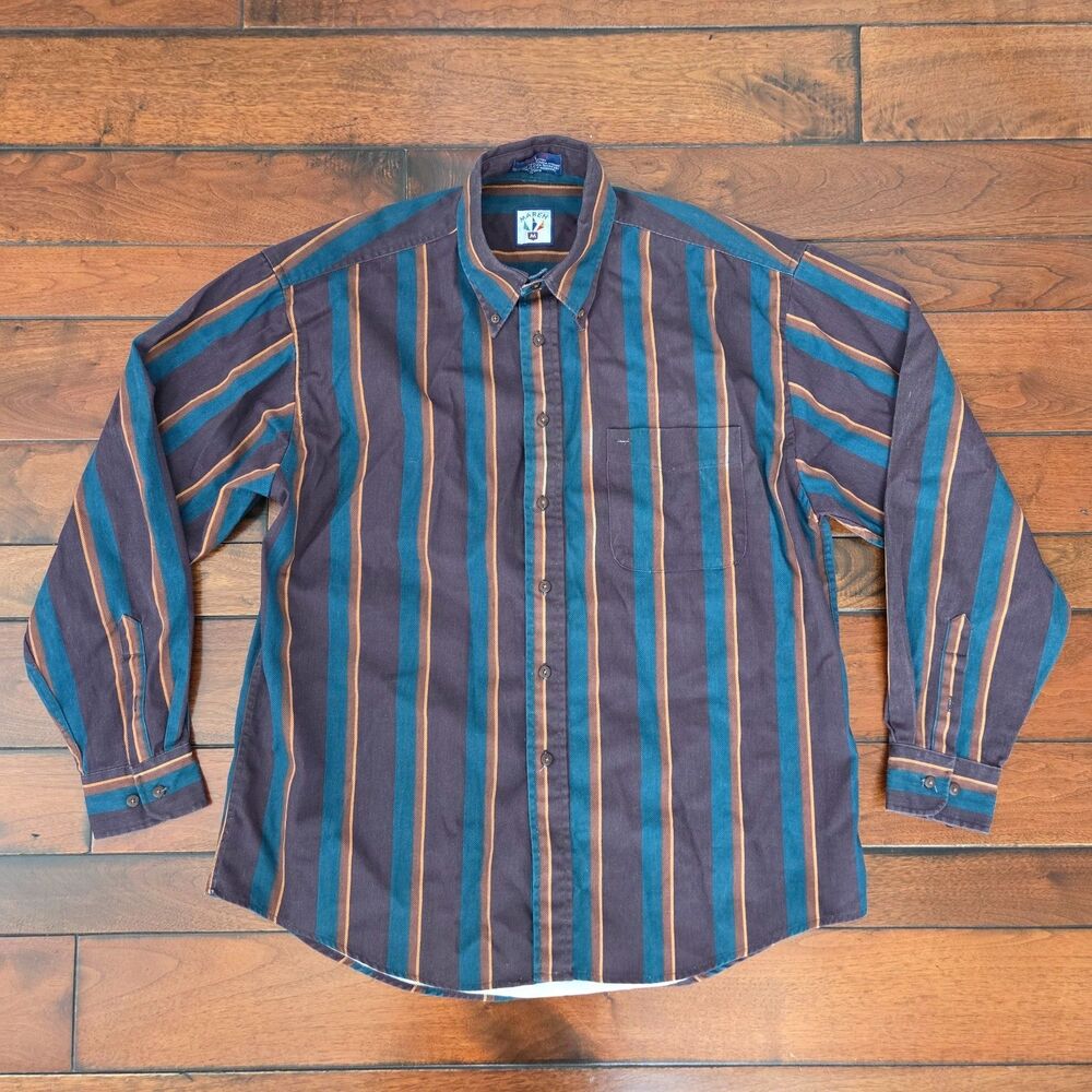 90s Vintage Mareh Men's L Teal Rust Striped Cotton Twill Button Down Shirt